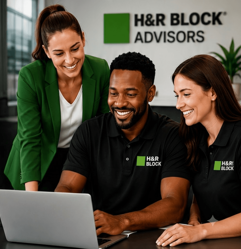 H&R Block Advisors team members smiling around a laptop
